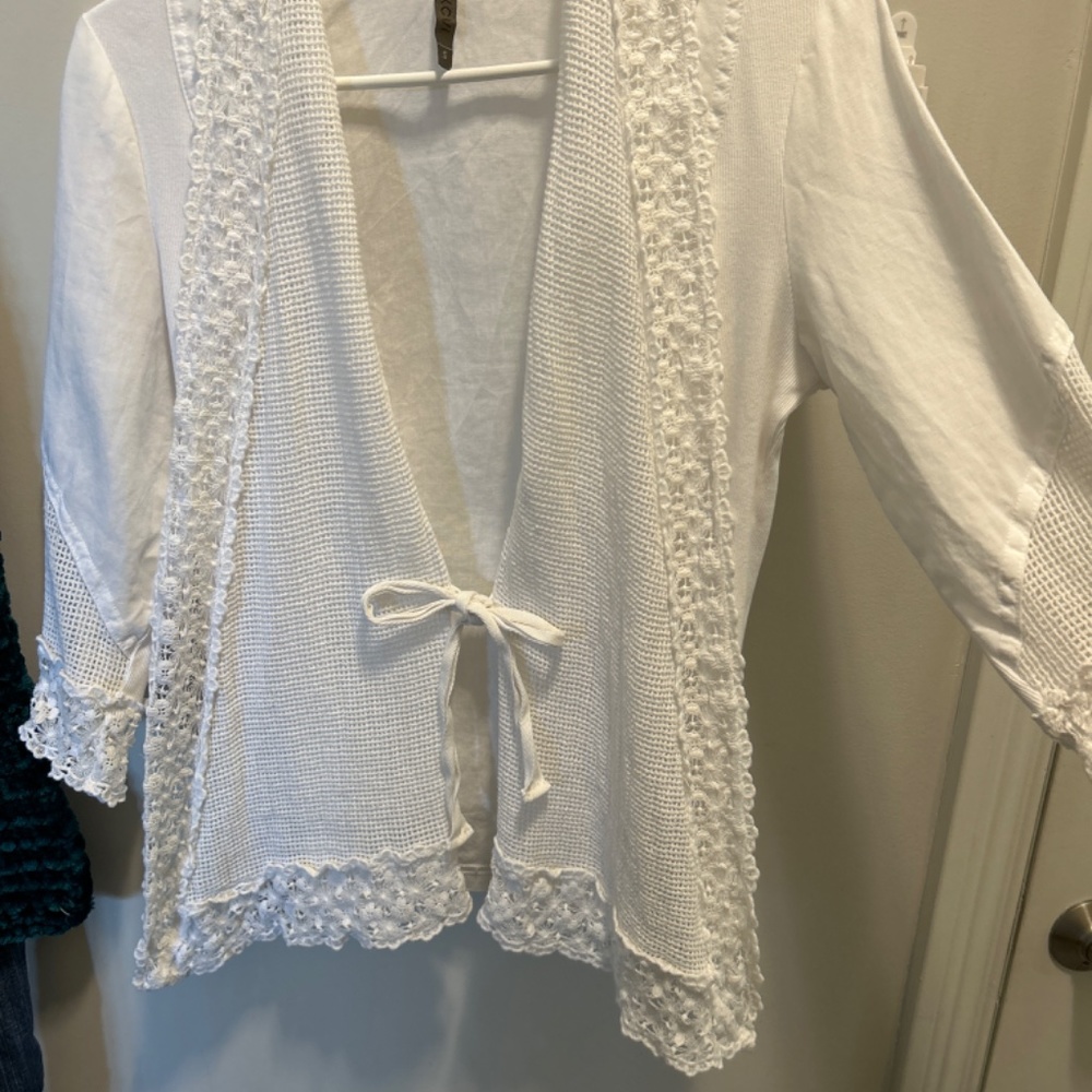 White Linen mesh lace accented jacket